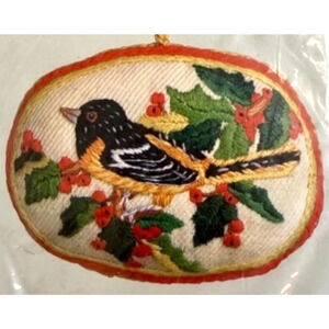 Crewel Christmas Ornament Kit Oriole on Holly Branch 7261 Columbia Minerva NOS